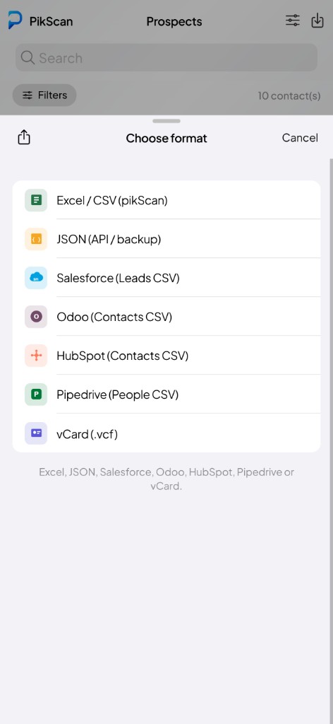 Formats d'export, Excel, JSON, CRM et vCard