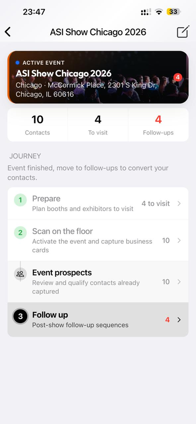 Event hub: journey 1 Prepare, 2 Scan, 3 Follow up.