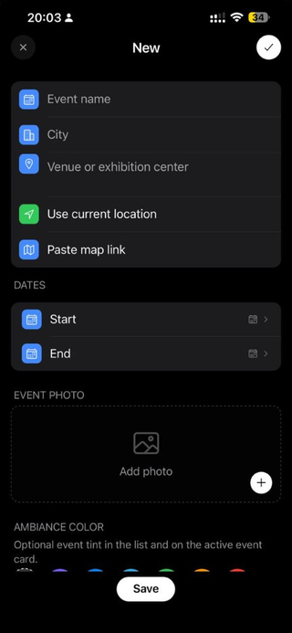 New event form: name, city, venue, dates, photo and ambiance color.