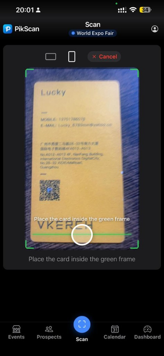 Live capture: align the card inside the green frame, then tap the shutter.