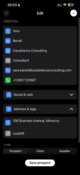 Save prospect form after OCR — essential fields, type and qualification.