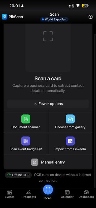 Scan tab — document, gallery, badge QR, LinkedIn, manual entry. On-device offline OCR.
