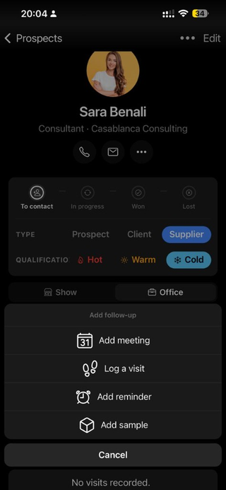 Add follow-up menu — meeting, visit, reminder or sample.