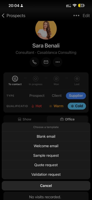 Send email — choose a template (welcome, sample, quote…).
