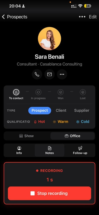 Prospect detail — pipeline, type, qualification and Show / Office modes.