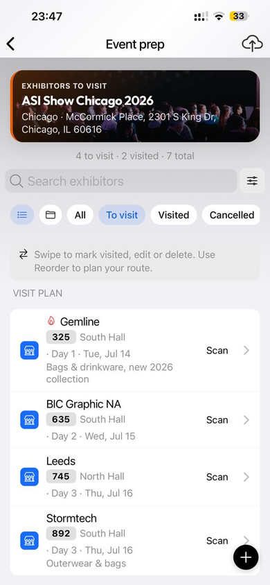 Event prep: visit plan, filters and import.