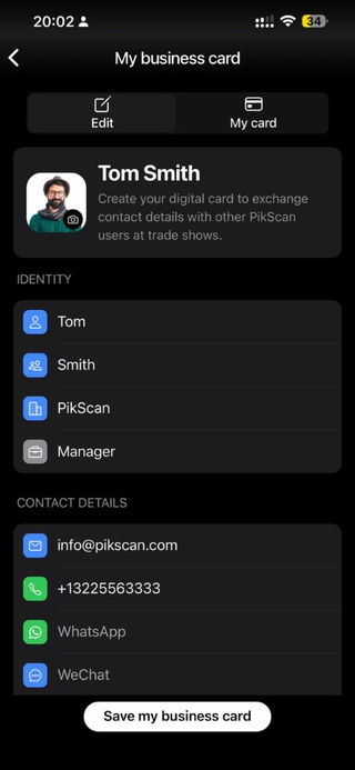 Business card editor — identity and contact details.