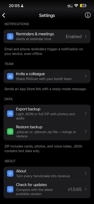 Settings — Data: export and restore backup (.pikscan / .pikscan.zip).
