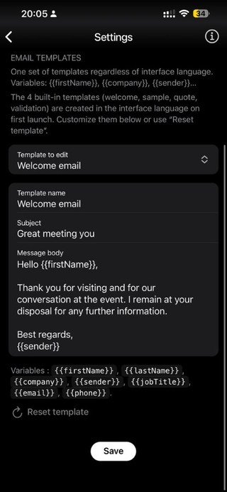 Settings — Emails: customizable templates with {{firstName}}, {{company}}, etc.