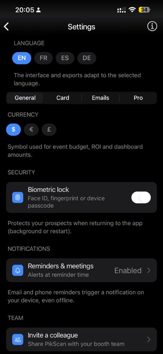 Settings — General: language, currency, biometric lock, notifications, team.