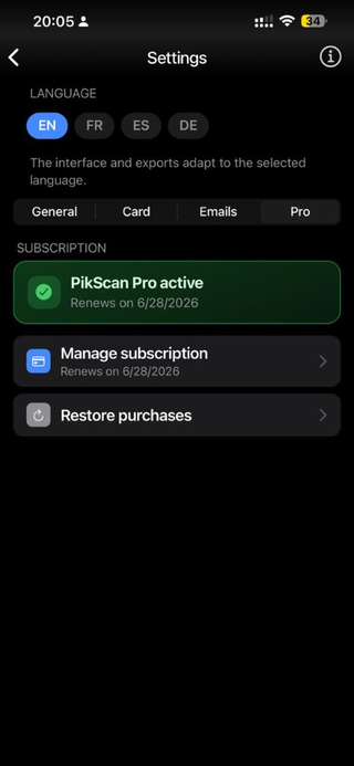 Pro tab — active PikScan Pro subscription and management.